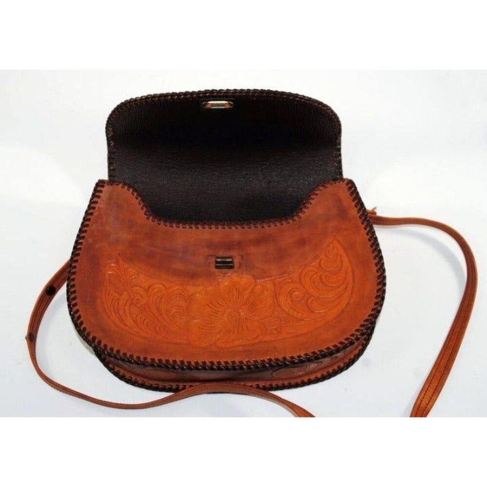 Handmade Tooled Brown Leather Saddle Style Handbag Original Pyrm - Picture 8 of 9